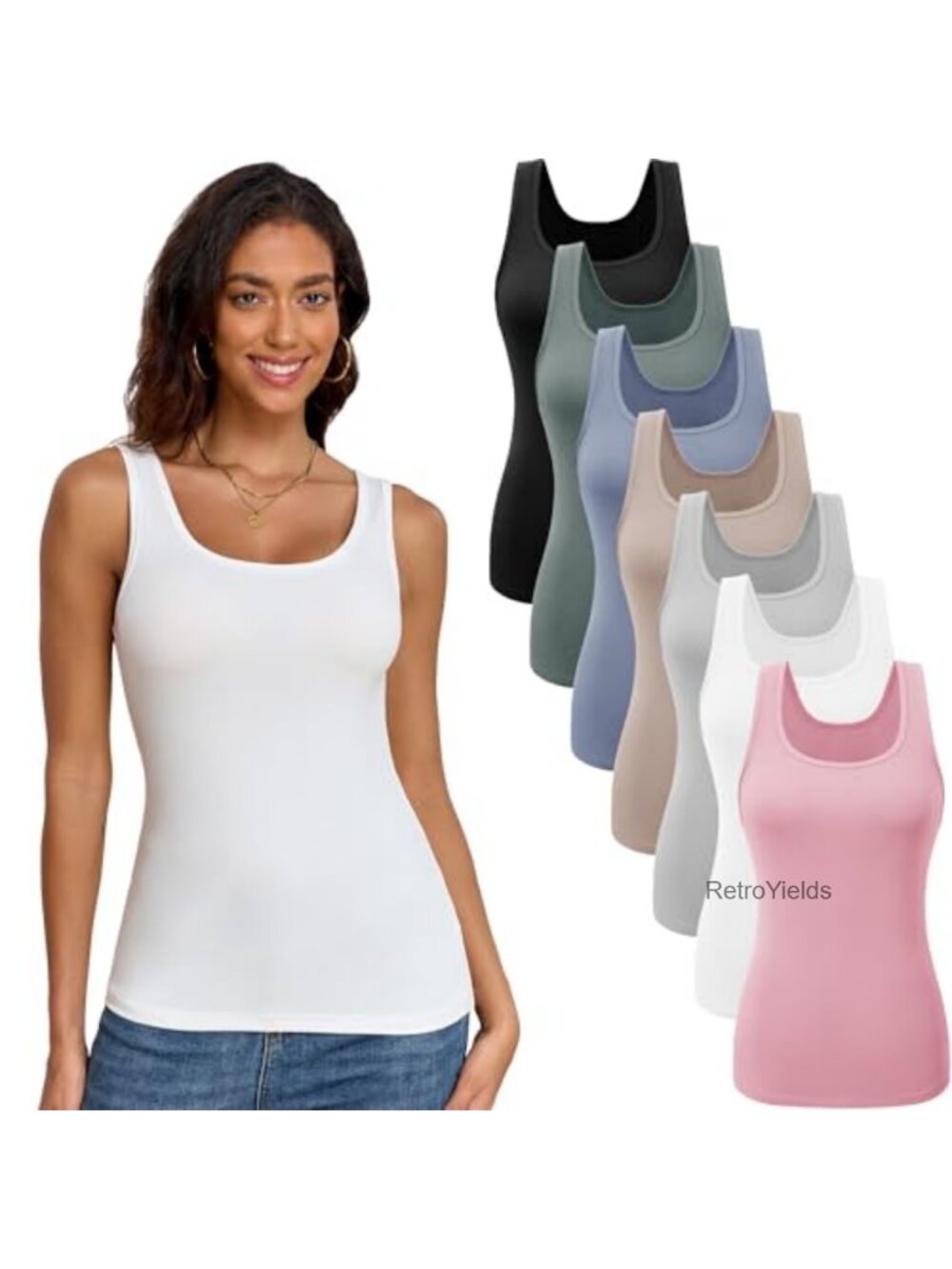 7 Pack Ribbed Tank Tops for Women Scoop Neck Sleeveless Stretchable Rayon